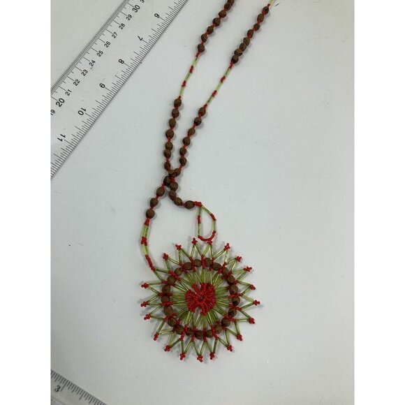 Vintage Monkey Pod Beaded Womens Boho 26 In Necklace 70s Red And Green - Picture 6 of 7
